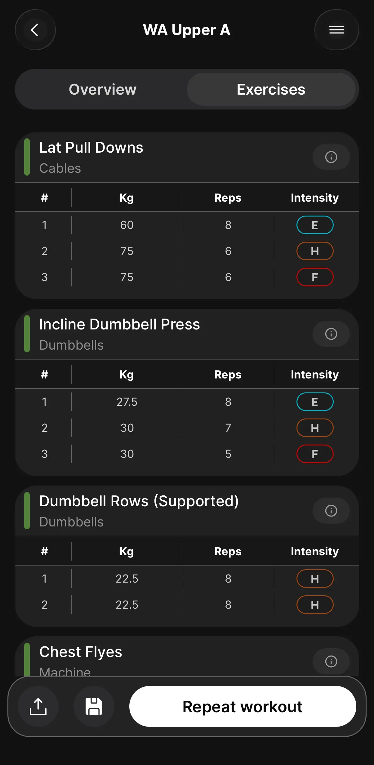 GymRat workout detail listing every recorded set with weight, reps and intensity grade