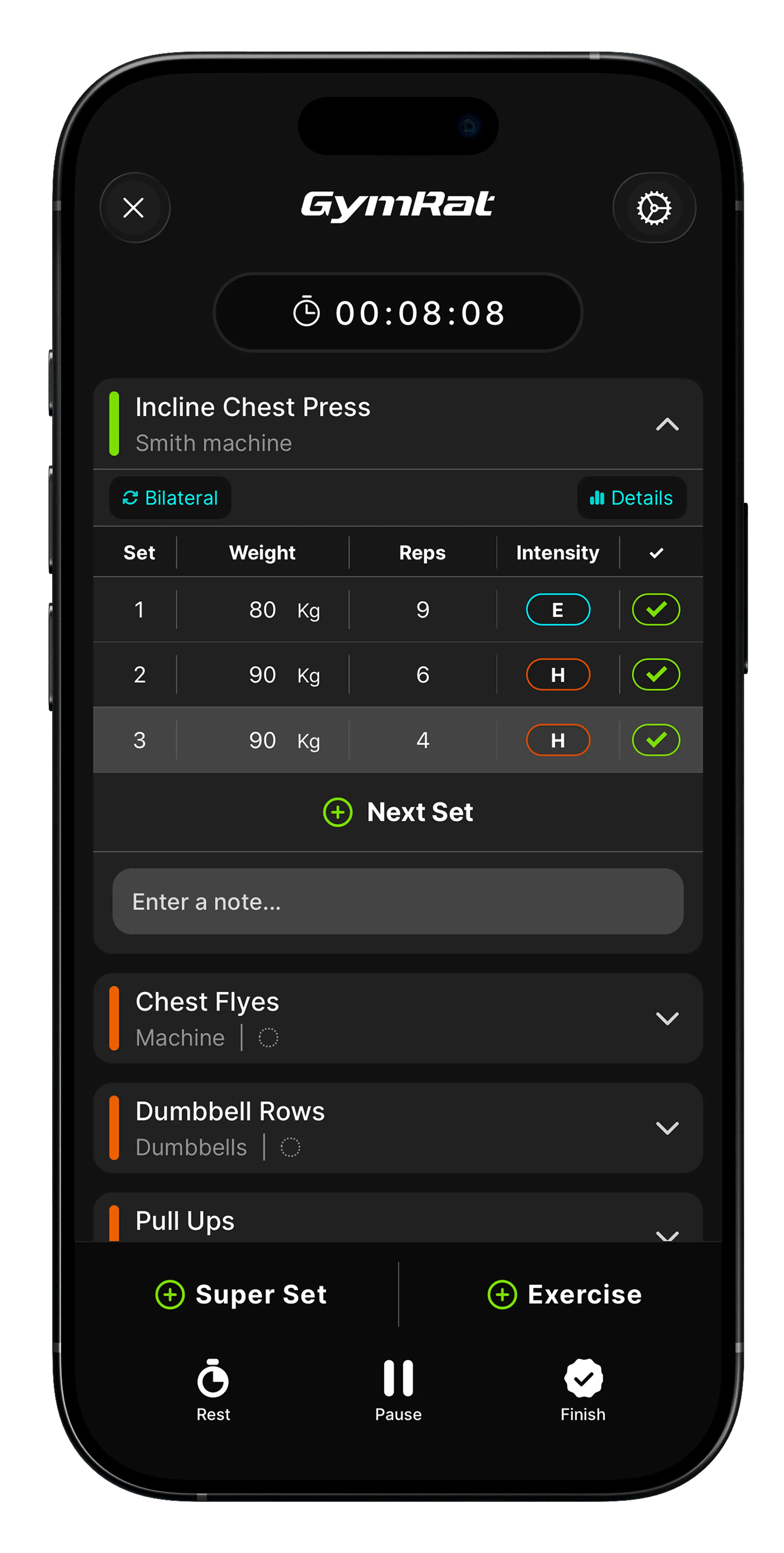 GymRat workout logging screen showing live set entry