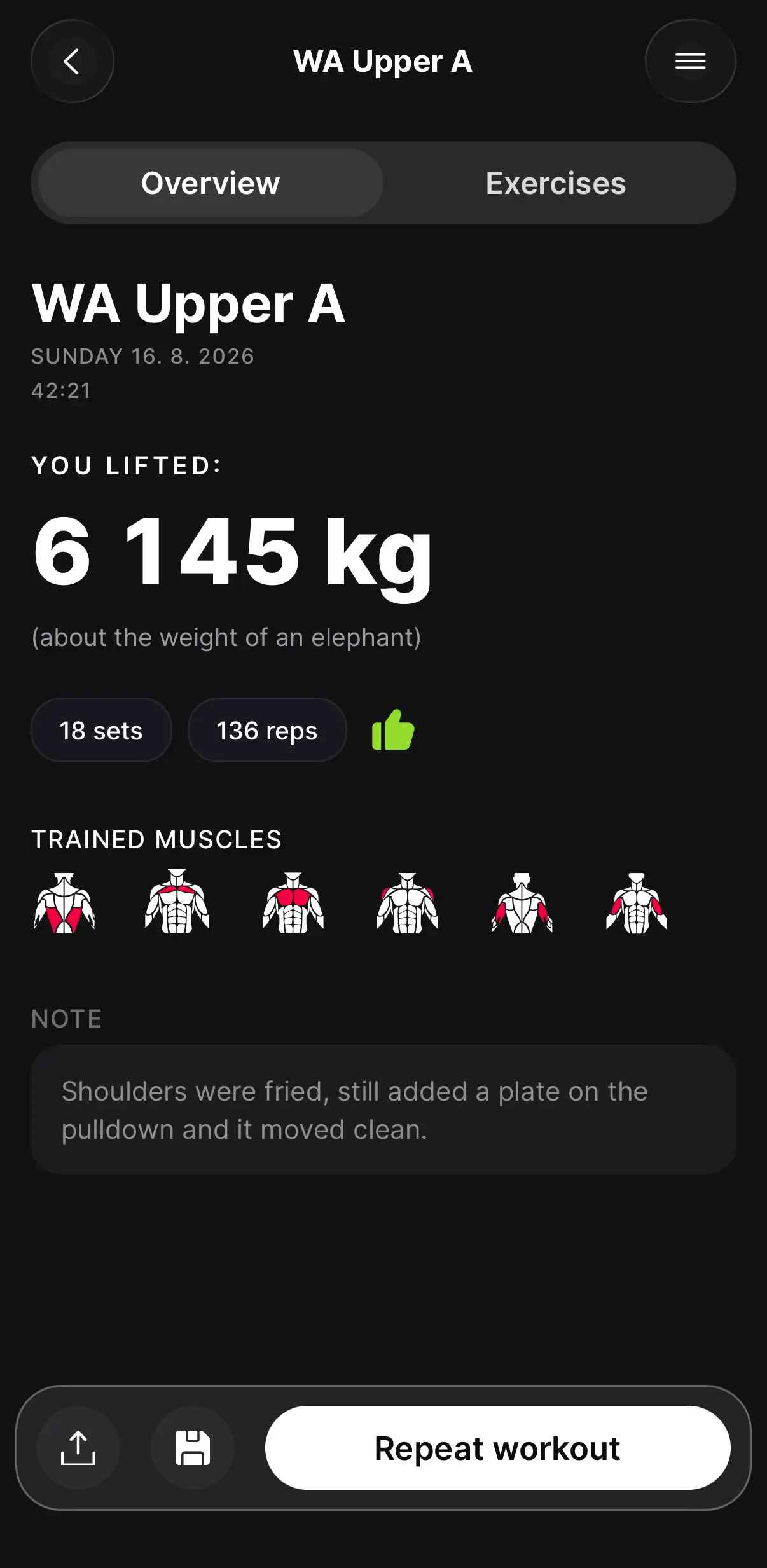GymRat workout summary showing total weight lifted, sets, reps and trained muscles