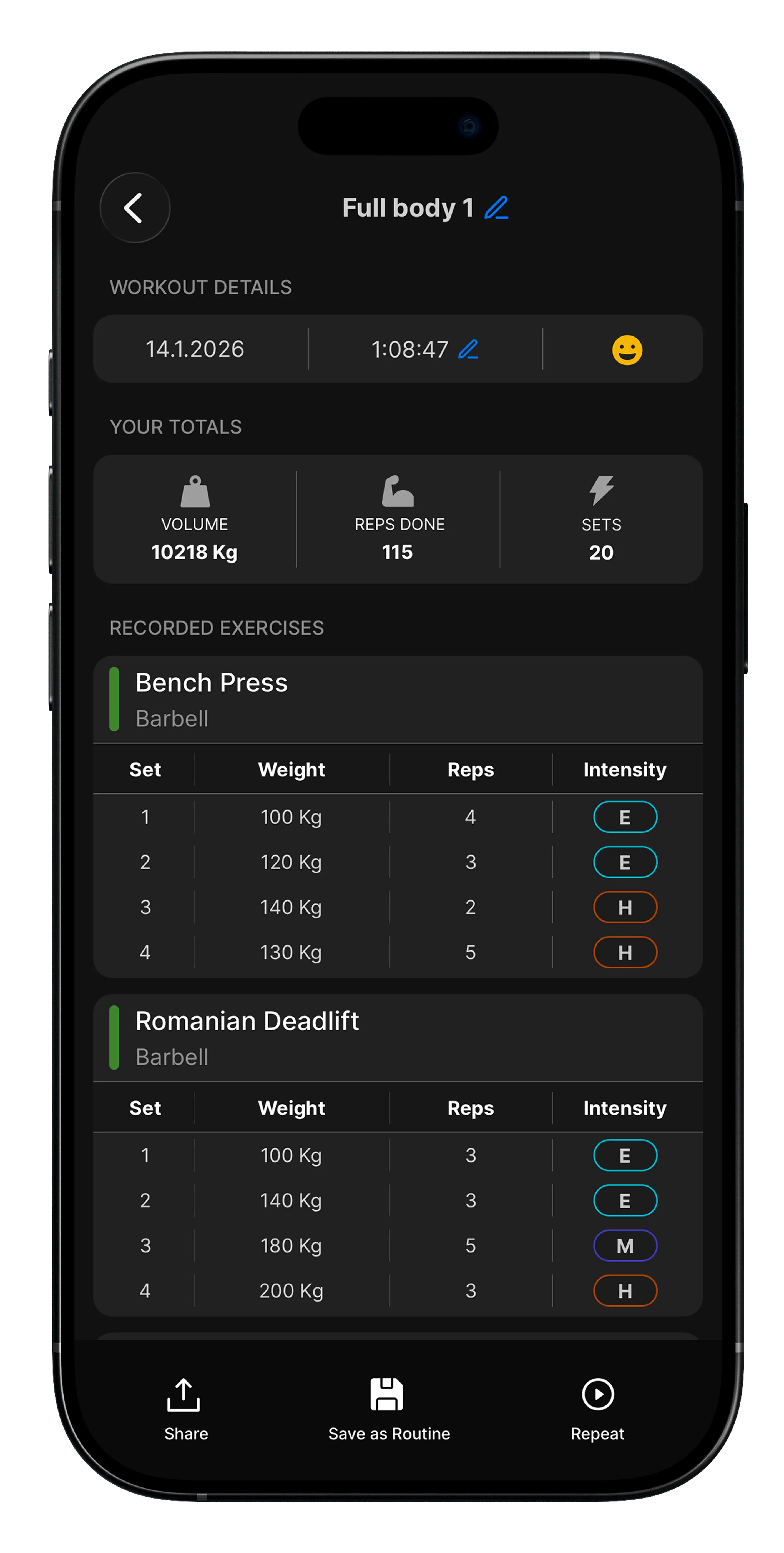 GymRat workout history screen with previous sets