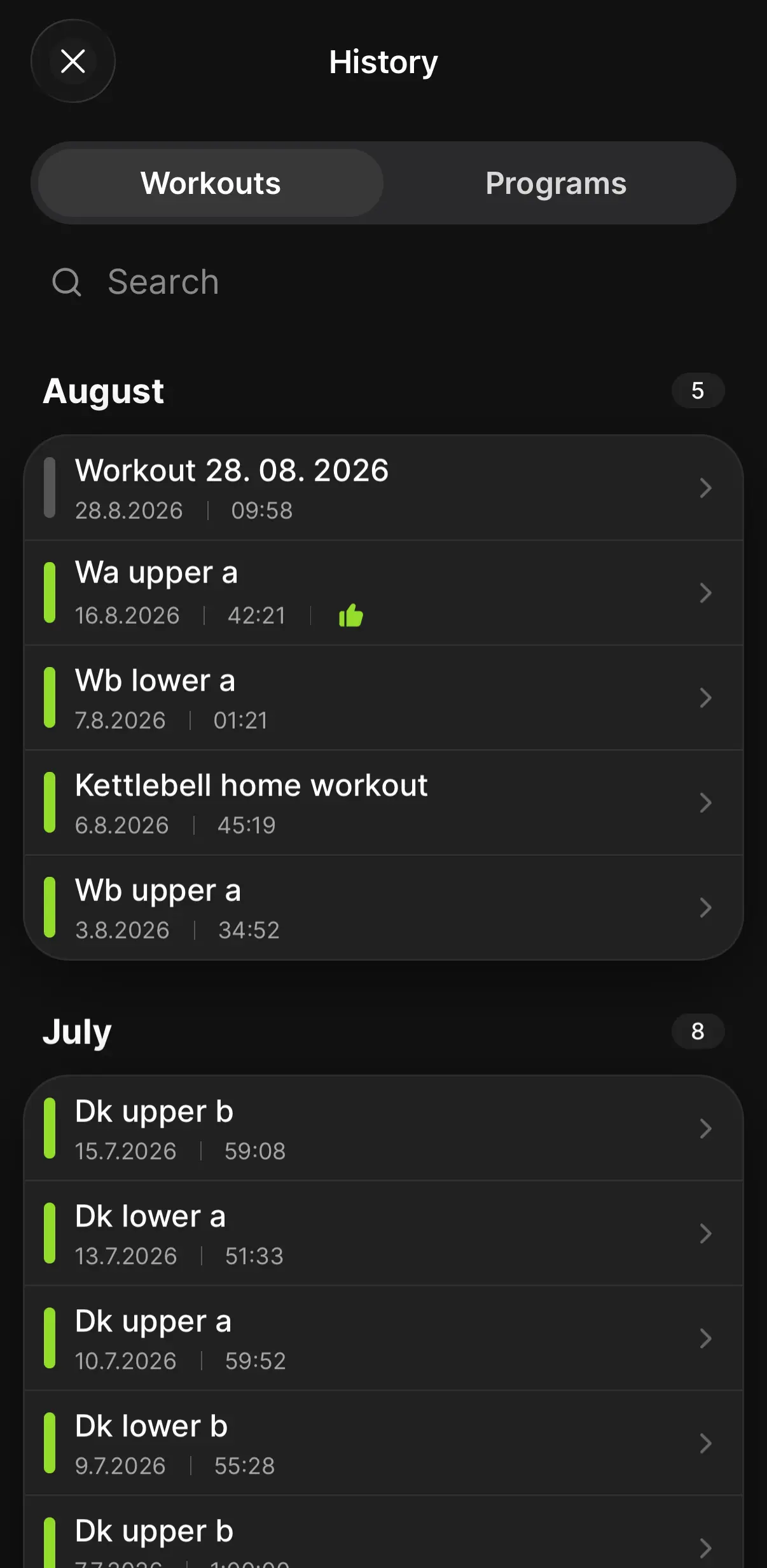 GymRat workout history grouped by month with search