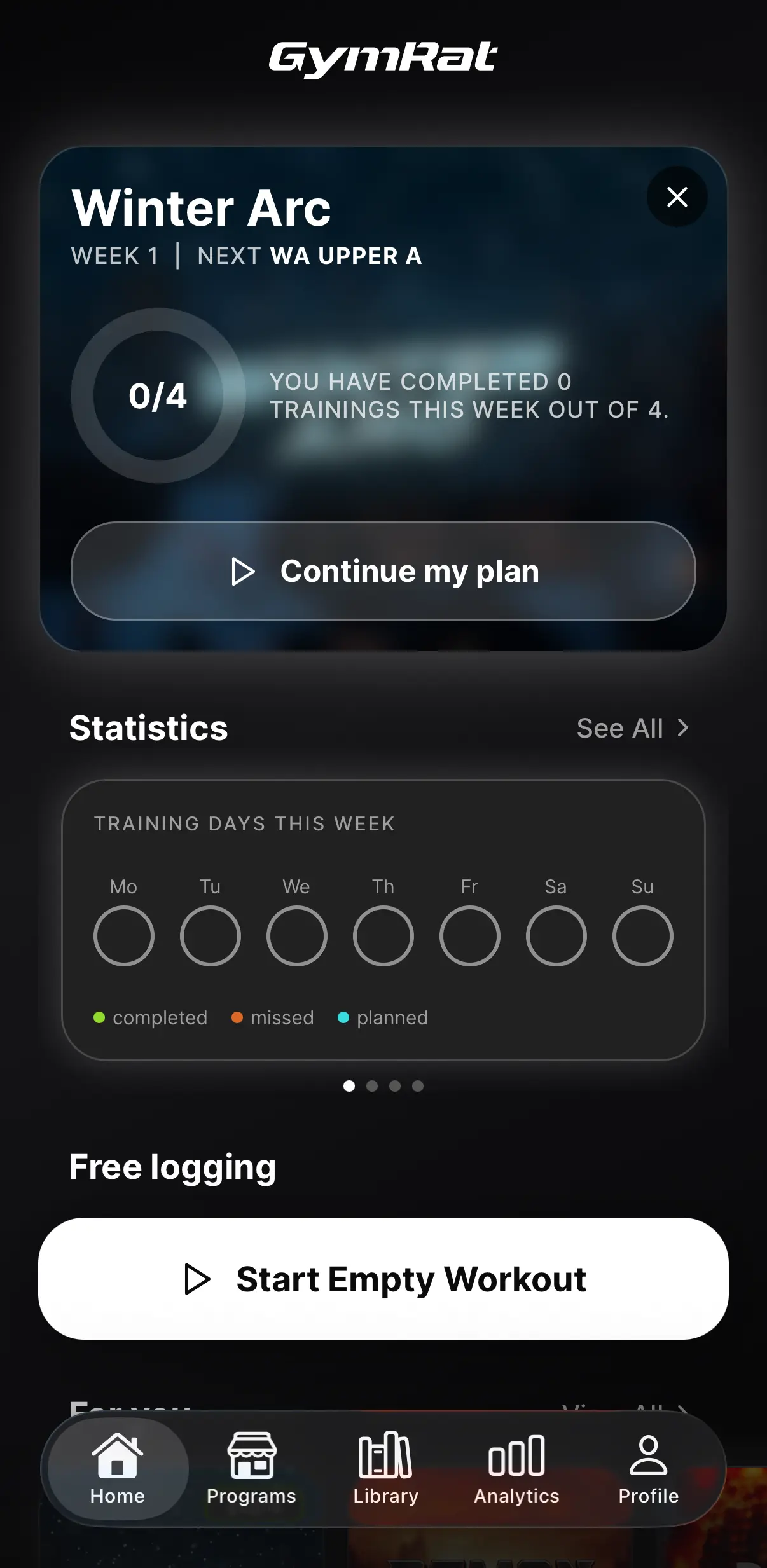 GymRat home screen with the active training plan, weekly statistics and programs