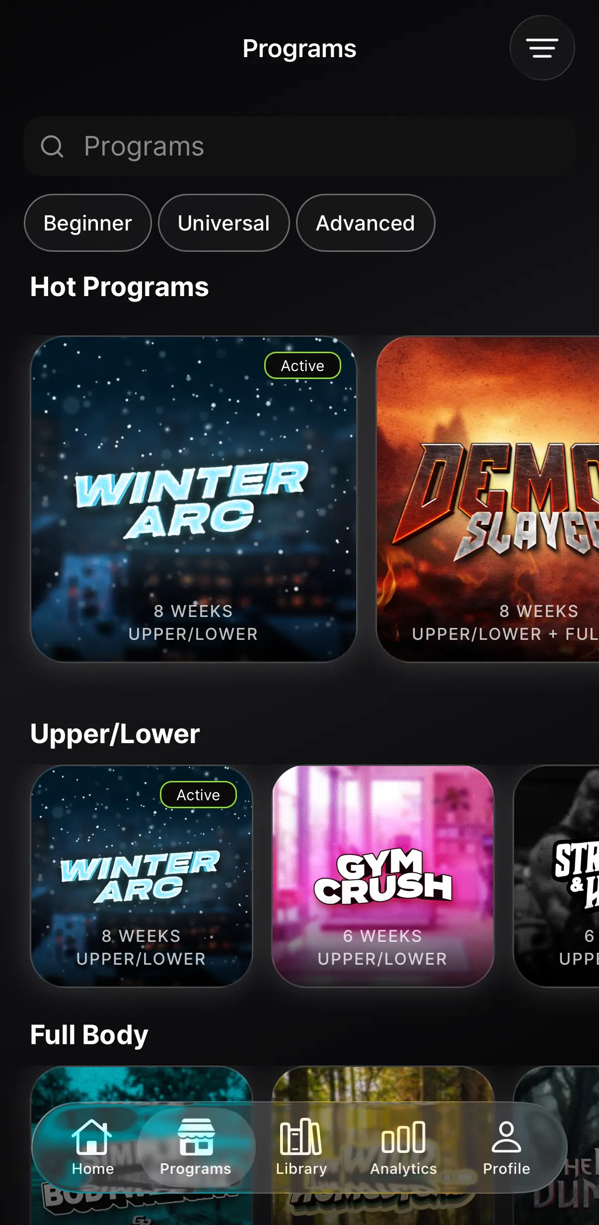 GymRat program store grouped by split, with beginner, universal and advanced filters