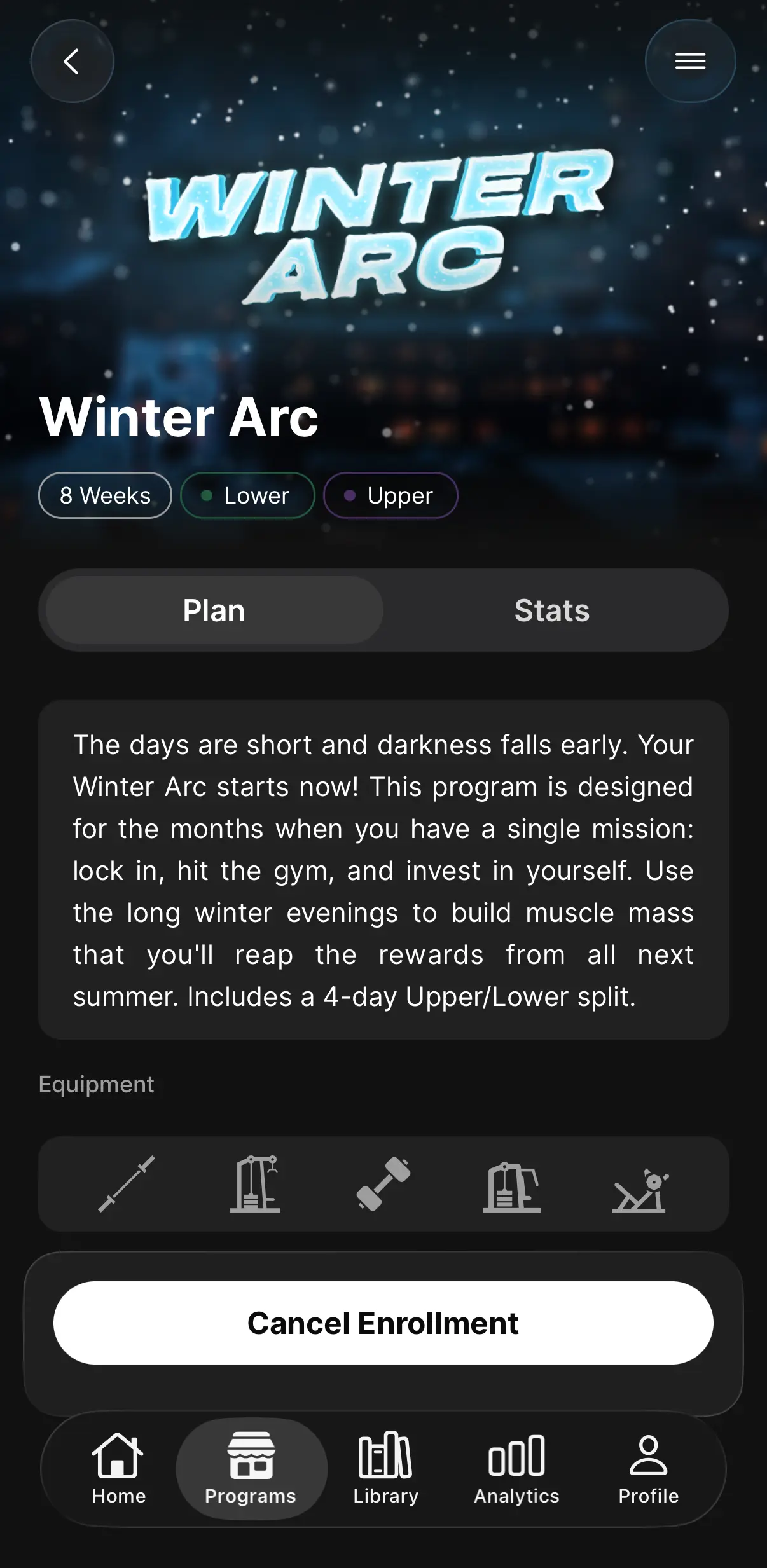 GymRat program detail showing length in weeks, the split, a description and the equipment needed